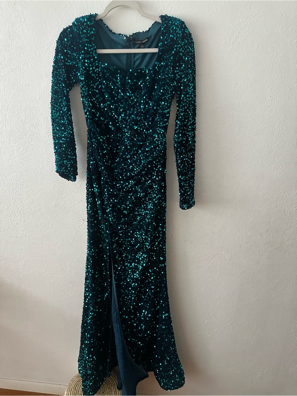 Fashion Nova Teal Sequin Long-Sleeve Evening Dress